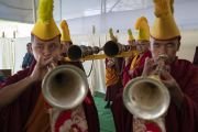 Монахи монастыря Намгьял играют на традиционных ритуальных трубах во время церемонии подношения молебна о долгой жизни Его Святейшества Далай-ламы. Бодхгая, штат Бихар, Индия. 31 декабря 2018 г. Фото: Лобсанг Церинг.
