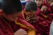 Юный монах пьет чай во время учений Его Святейшества Далай-ламы в главном тибетском храме. Дхарамсала, Индия. 21 февраля 2019 г. Фото: Тензин Чойджор.