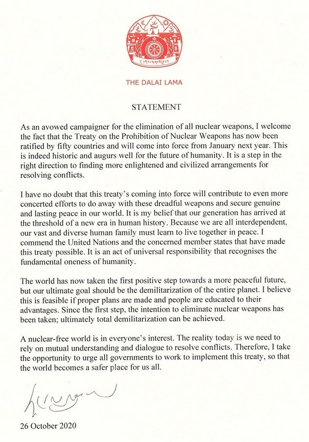 Обращение Далай-ламы в связи с Договором ООН о запрещении ядерного оружия