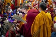Во время предварительного посвящения Чакрасамвары монахи раздают собравшимся траву куша. Дхарамсала, штат Химачал-Прадеш, Индия. 8 марта 2023 г. Фото: Тензин Чойджор (офис ЕСДЛ).