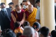 Направляясь в главный тибетский храм, чтобы даровать ежегодные учения по случаю Дня рождения, пробуждения и ухода в махапаринирвану Будды Шакьямуни, Его Святейшество Далай-лама приветствует тибетскую девочку. Дхарамсала, штат Химачал-Прадеш, Индия. 4 июня 2023 г. Фото: Тензин Чойджор (офис ЕСДЛ).
