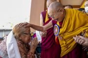 Его Святейшество Далай-лама приветствует пожилую тибетскую женщину в Таши Джонге. Штат Химачал-Прадеш, Индия. 27 сентября 2023 г. Фото: дост. Тензин Джампхел