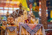 Его Святейшество Далай-лама участвует в молебне о долголетии, который подносит ему монастырь Сера. Билакуппе, штат Карнатака, Индия. 5 февраля 2025 г. Фото: Тензин Чойджор (Офис ЕСДЛ).