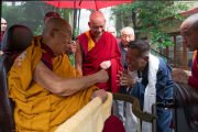Сикьонг Пенпа Церинг приветствует Его Святейшество Далай-ламу, который едет из своей резиденции в главный тибетский храм для участия в церемонии подношения молебна о долголетии, организованной по случаю его 90-летия от имени всего тибетского народа. Дхарамсала, штат Химачал-Прадеш, Индия. 5 июля 2025 г. Фото: Тензин Чойджор (Офис ЕСДЛ)