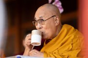 Его Святейшество Далай-лама пьет чай в перерыве во время учений в монастыре Карша. Занскар, Ладак, Индия. 25 июля 2025 г. Фото: Тензин Чойджор