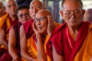 Старшие монахи, сидящие на сцене, слушают учение Его Святейшества Далай-ламы. Лех, Ладак, Индия. 16 августа 2025 г. Фото: Тензин Чойджор (Офис ЕСДЛ)